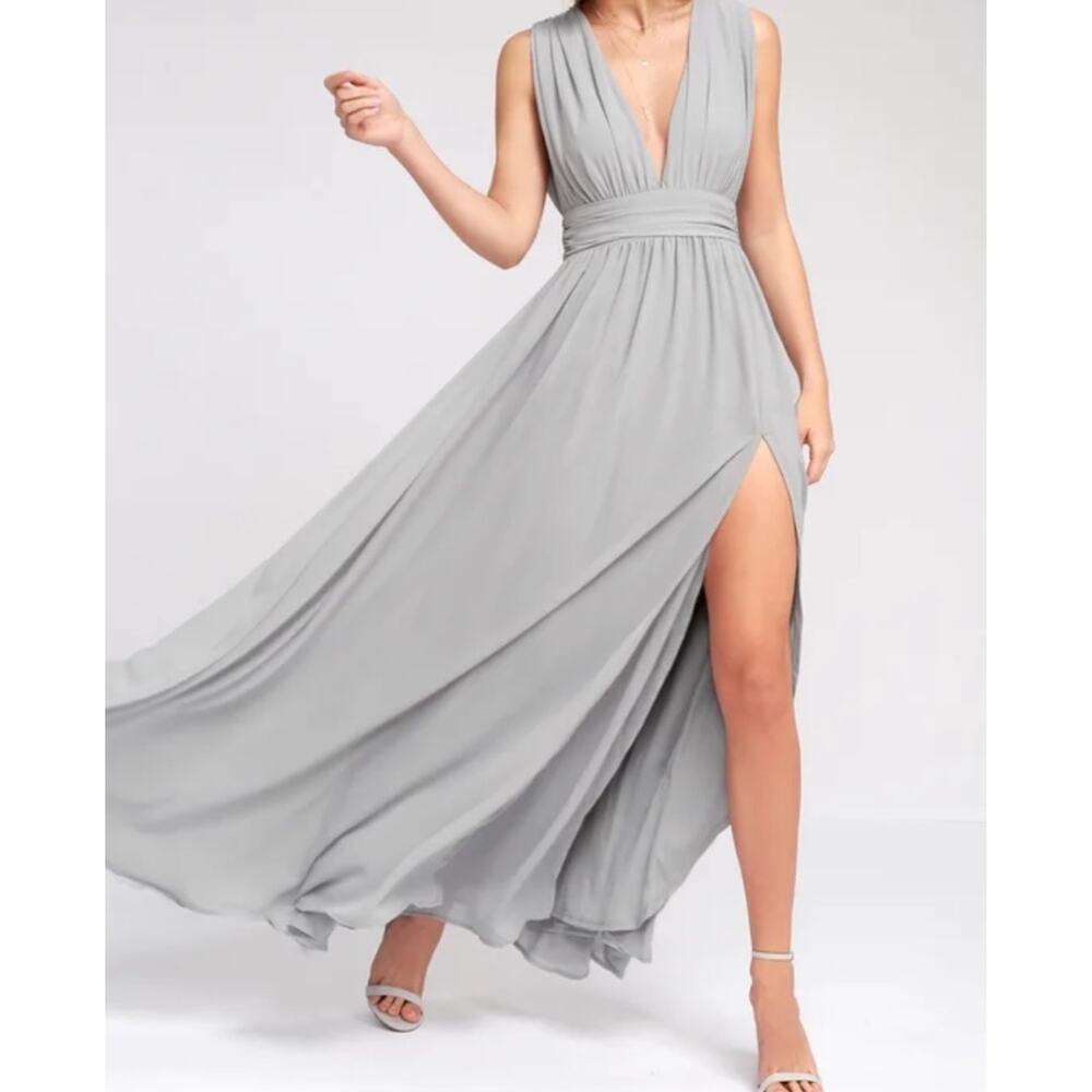 Lulus Heavenly Hue Deep V Maxi Dress Women's Large Light Gray Wedding